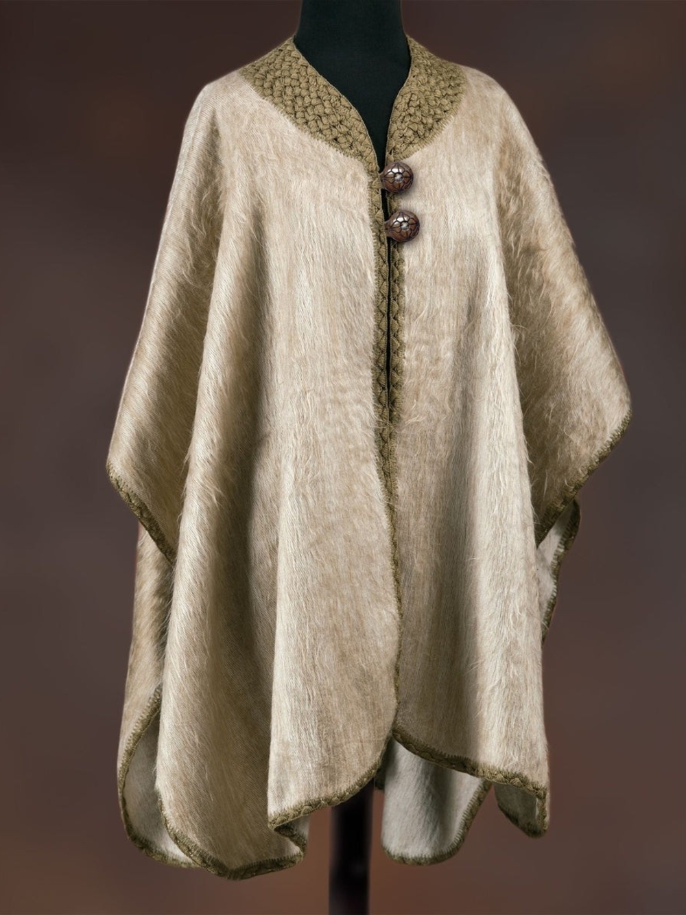 Soft Cream Cape-Style Knit Poncho with Toggle Closure